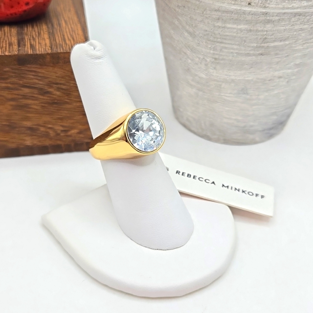 Rebecca Minkoff Shiny Gold Clear Crystal Bezel Cocktail Ring Sz. 7